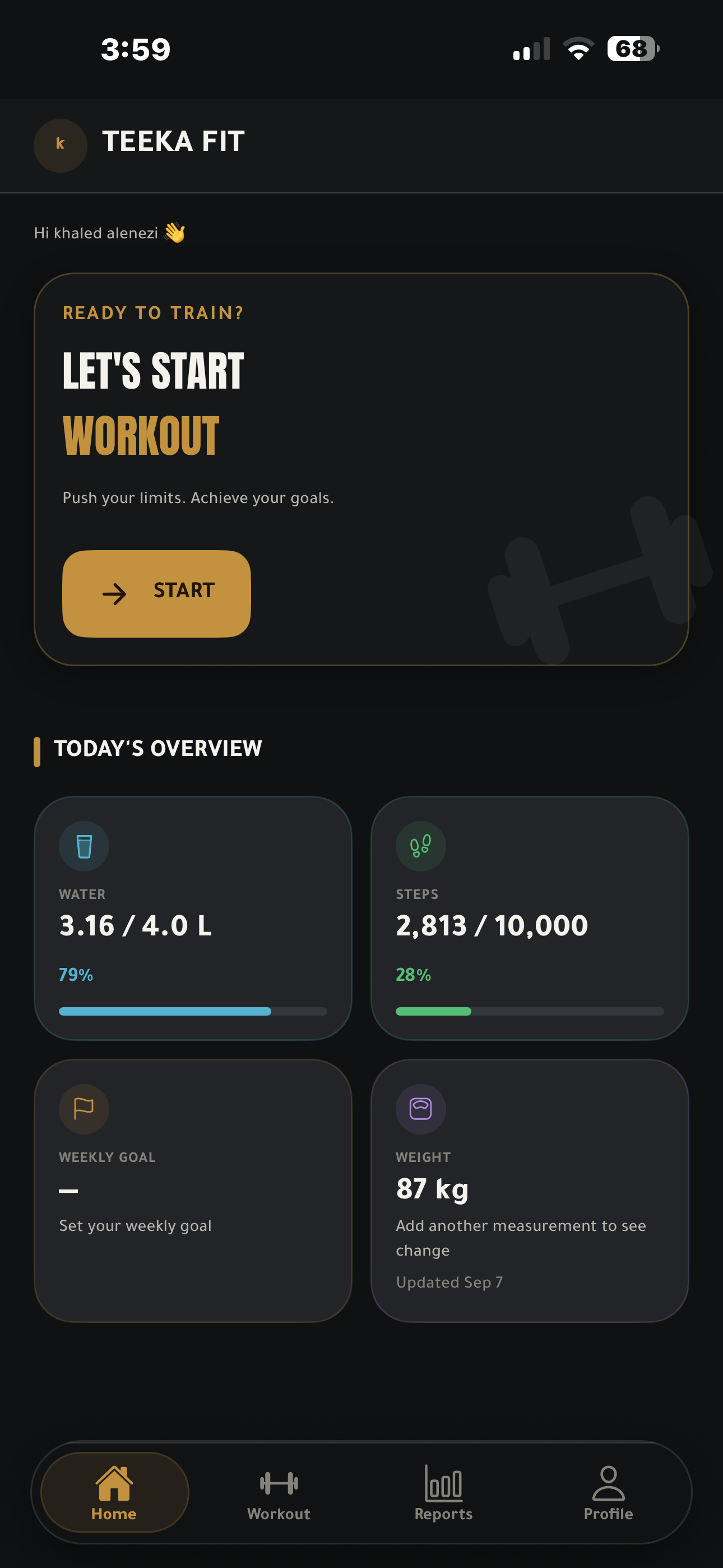 TEEKAFIT home screen with a start-workout card plus today’s water, steps, and weight.
