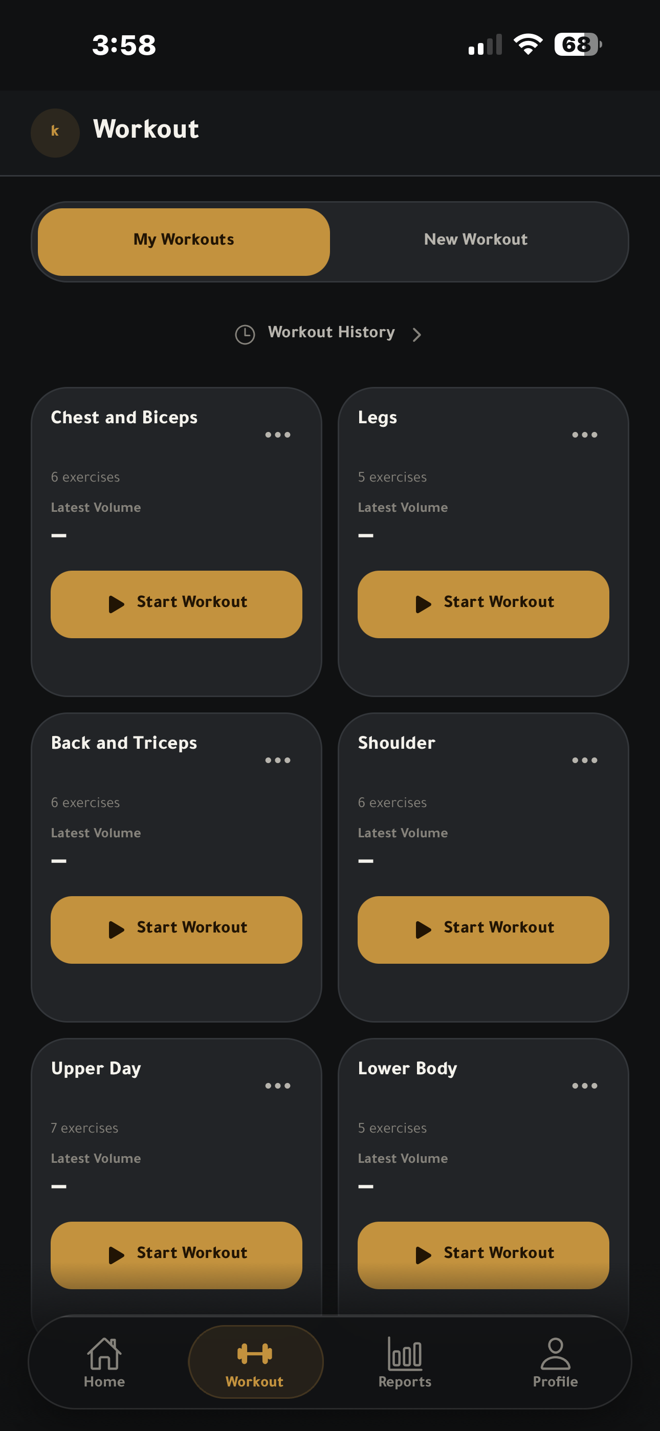 Saved workouts list in TEEKAFIT, ready to reopen.