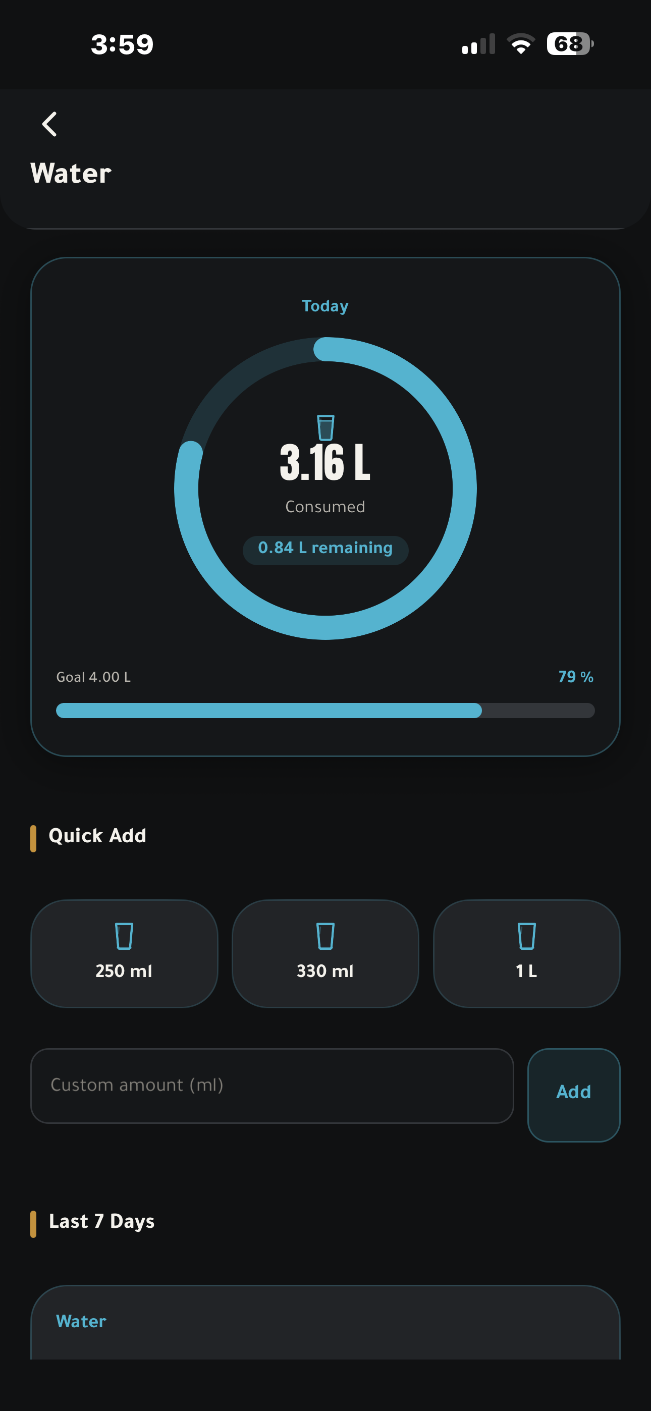 Water tracking screen with today’s intake.