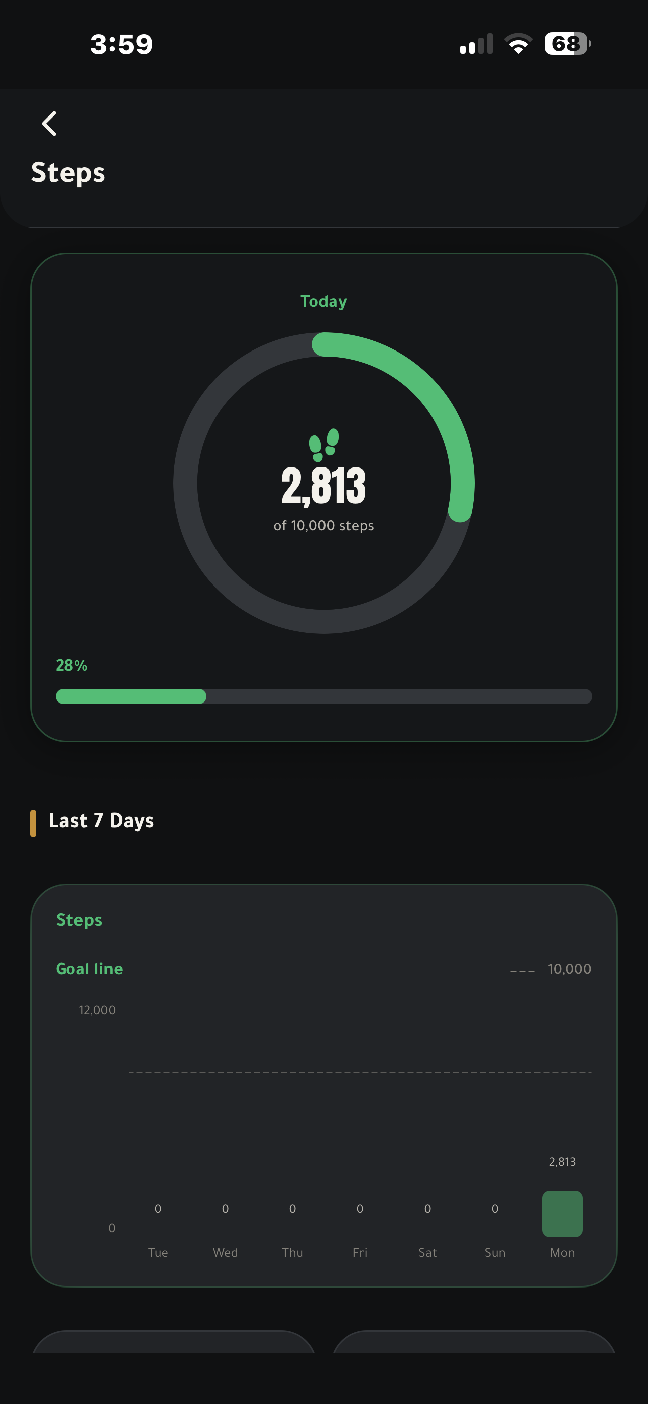 Steps tracking screen with a daily step count.